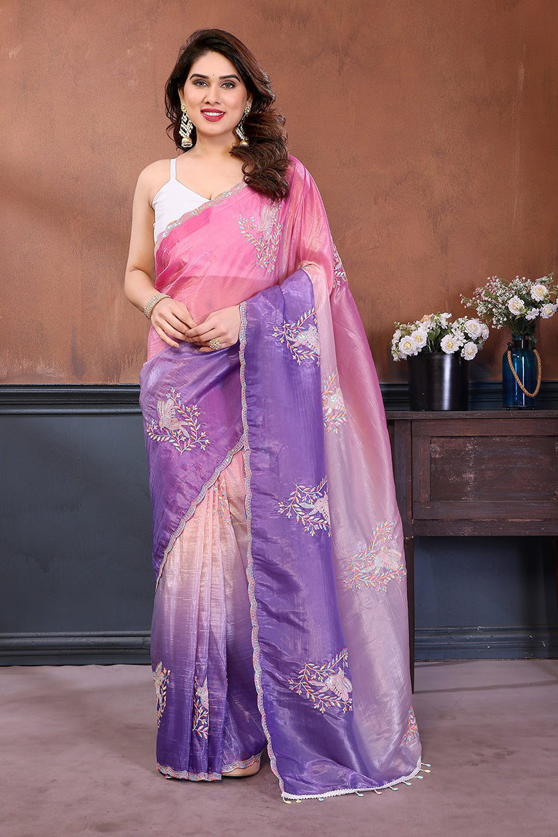 Pink Lavender Dual Shade Embroidered Saree