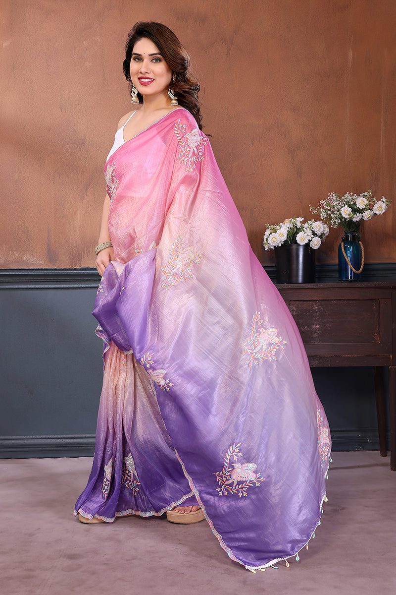 Pink Lavender Dual Shade Embroidered Saree