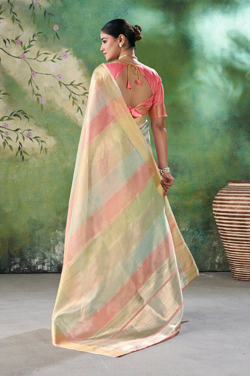 Pink Linen Cotton Zari Weaving Saree