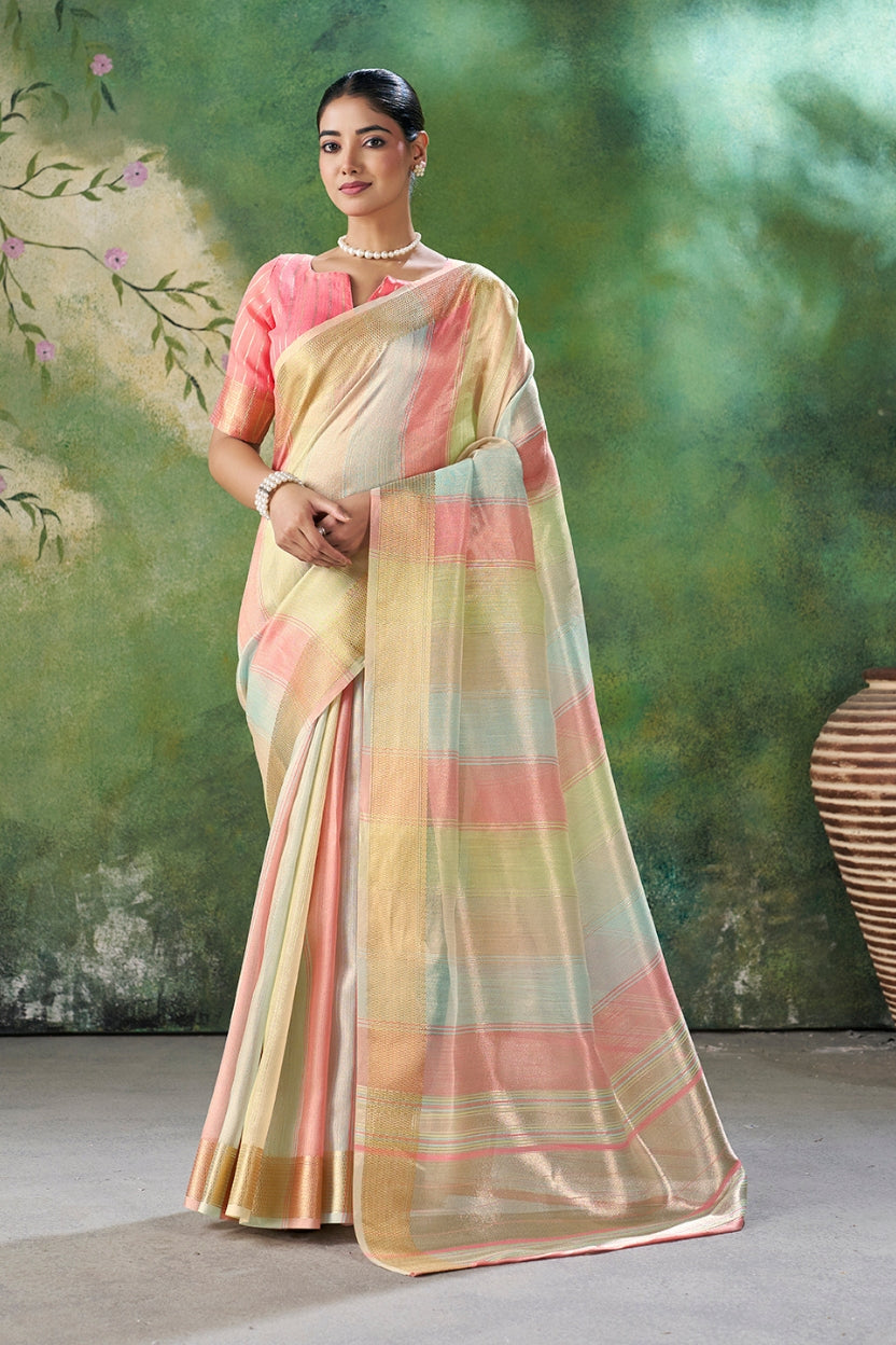 Pink Linen Cotton Zari Weaving Saree