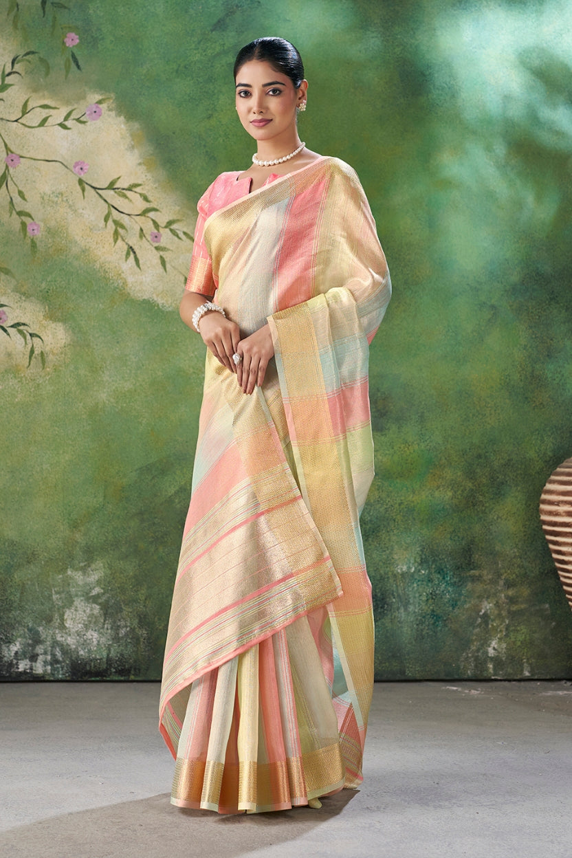 Pink Linen Cotton Zari Weaving Saree