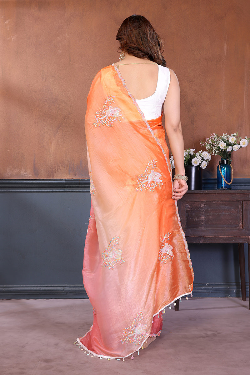 Pink Orange Dual Shade Embroidered Saree