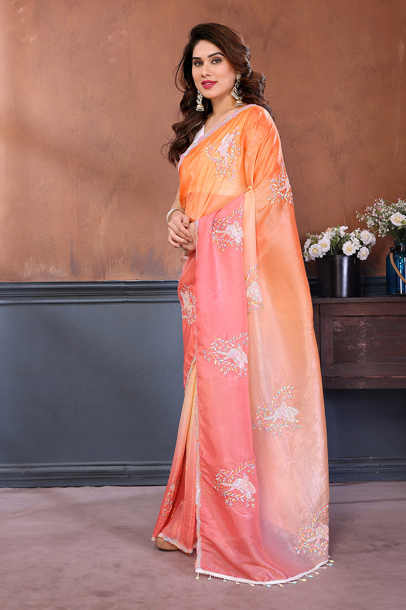 Pink Orange Dual Shade Embroidered Saree