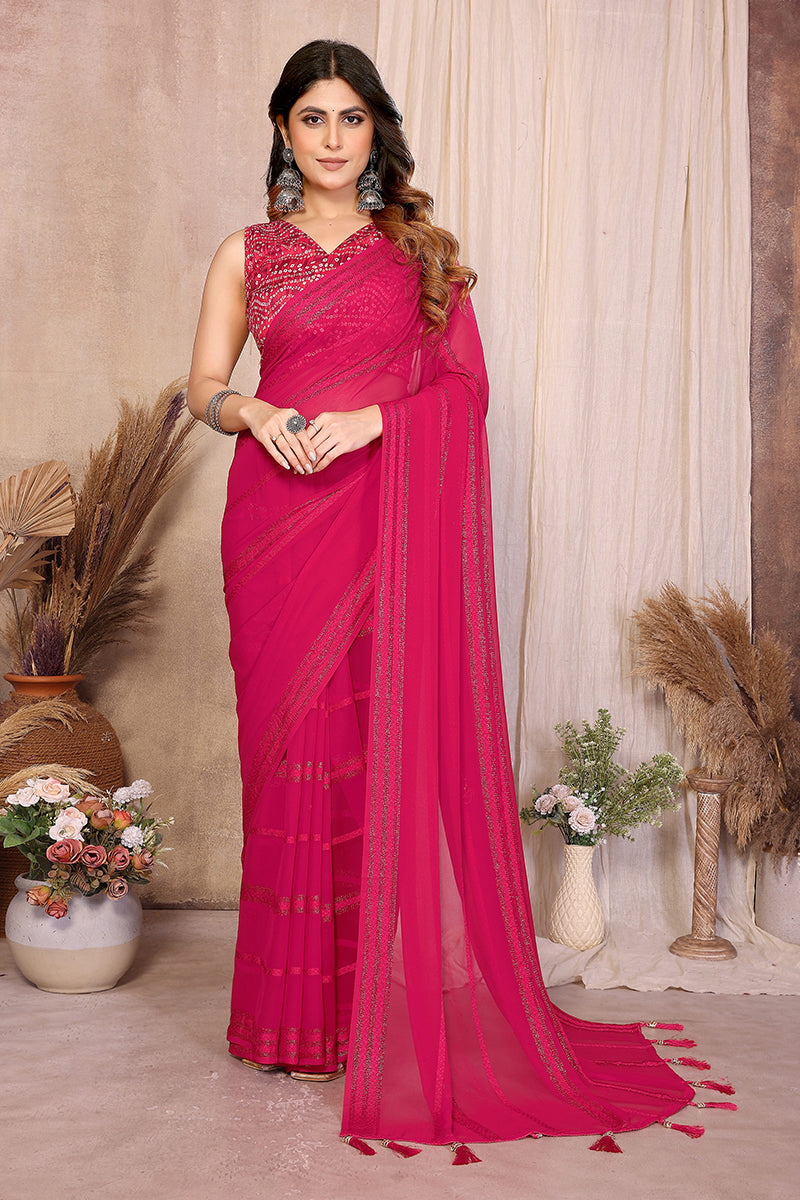 Pink Plain Georgette Saree