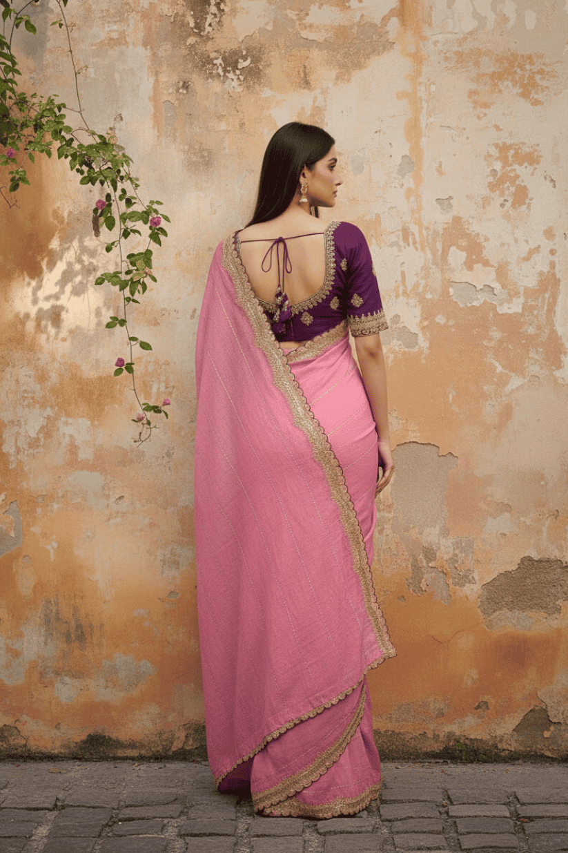 Pink Sequined Embroidered Zari Work Saree