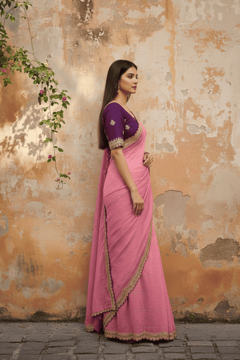 Pink Sequined Embroidered Zari Work Saree