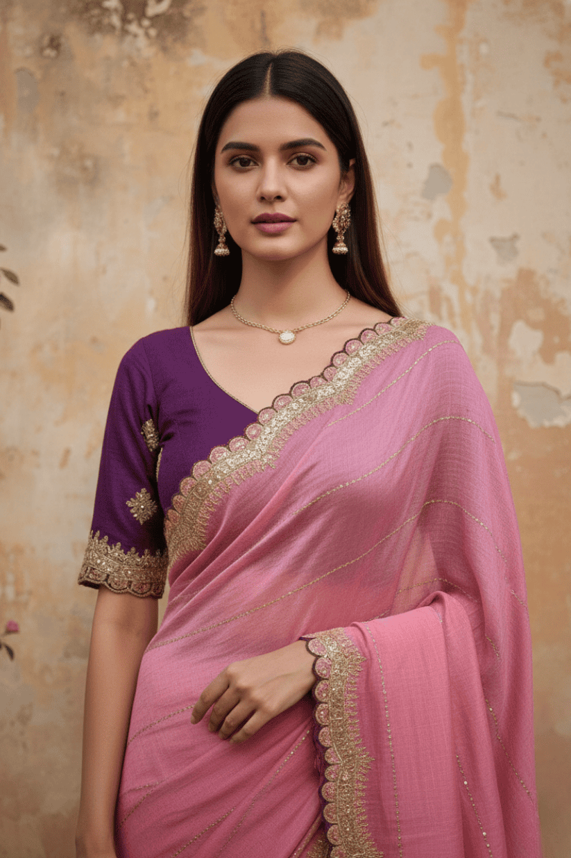 Pink Sequined Embroidered Zari Work Saree