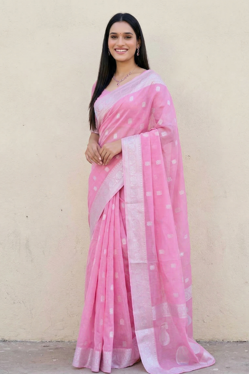 Pink Soft Cotton Silk Saree