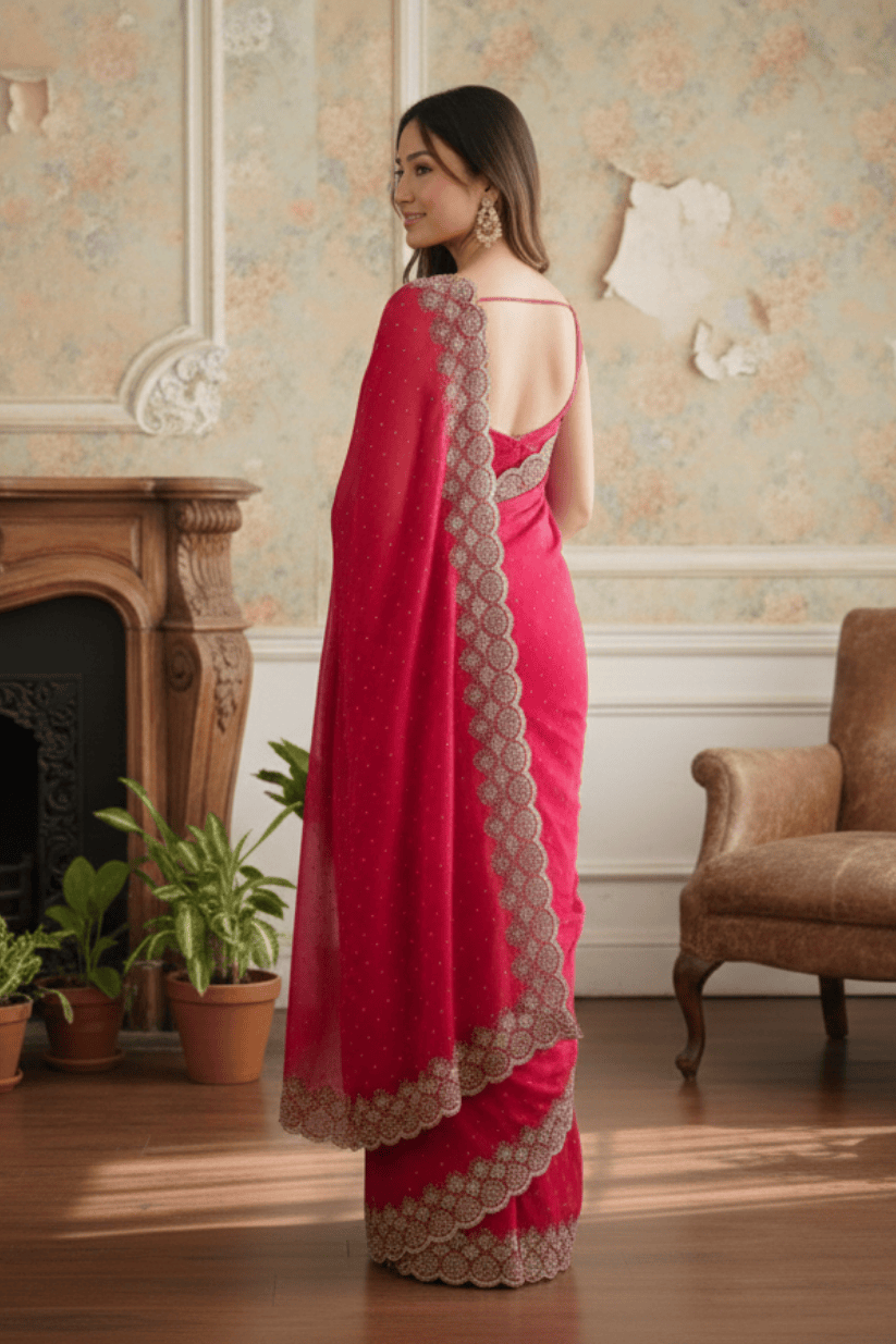 Pink Soft Silk Swarovski Embroidery Saree