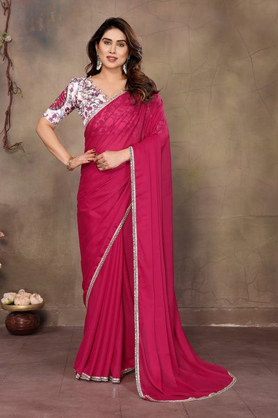Pink Solid Plain Georgette Saree