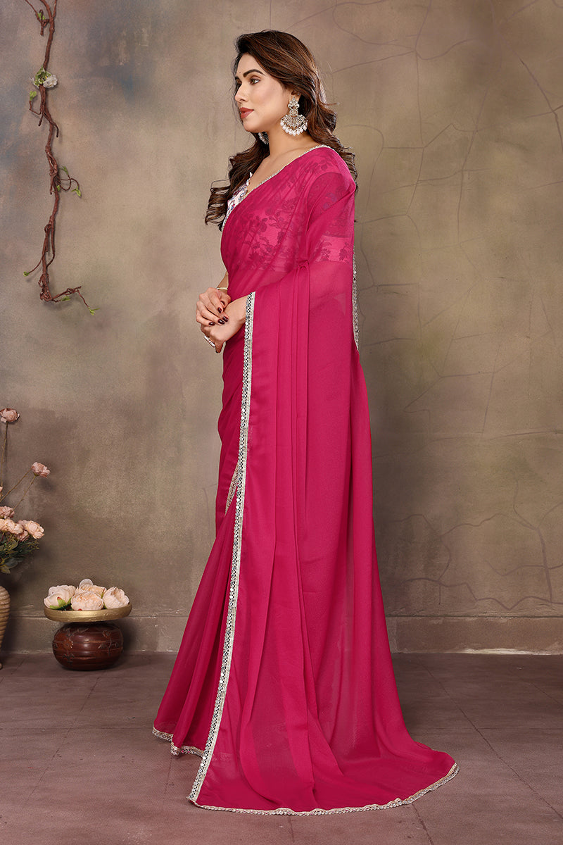 Pink Solid Plain Georgette Saree