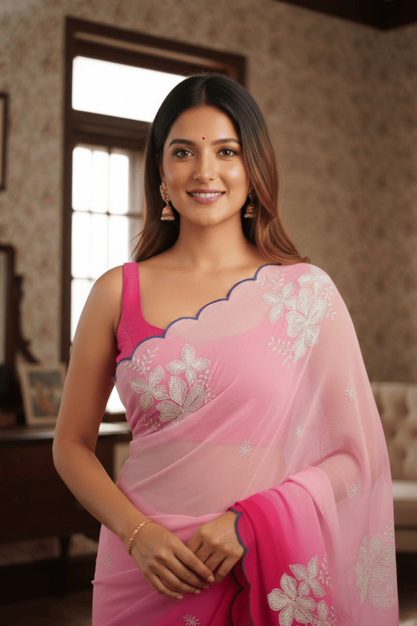 Pink Embroidery Work Georgette Saree