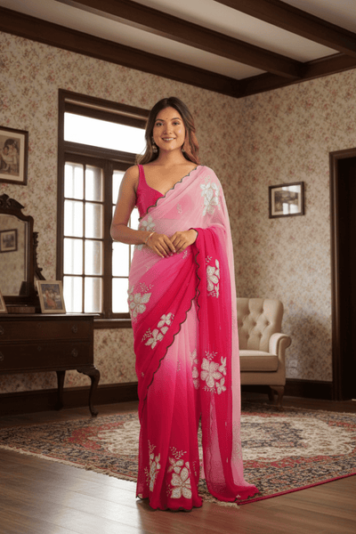 Pink Embroidery Work Georgette Saree