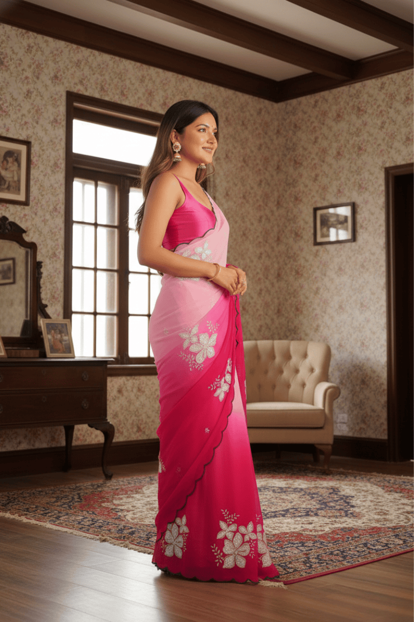 Pink Embroidery Work Georgette Saree
