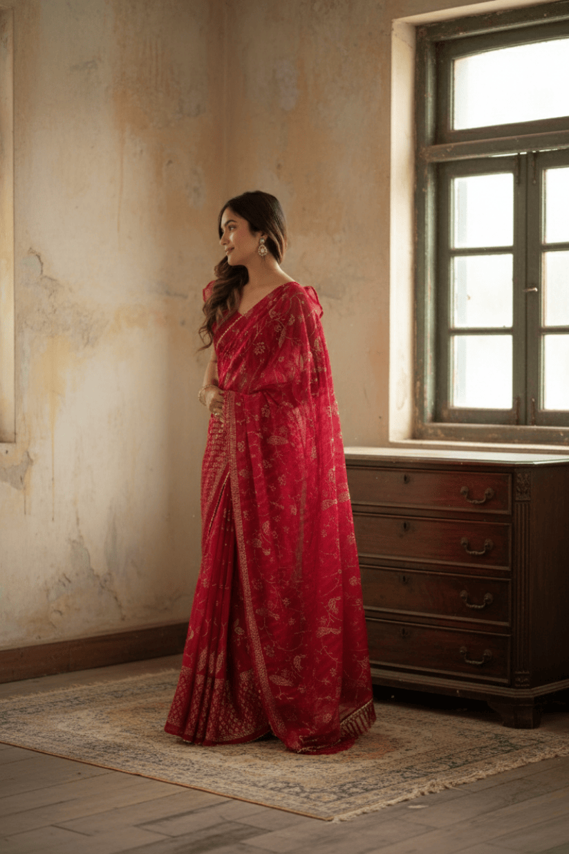 Pink Foil Printed Georgette Saree