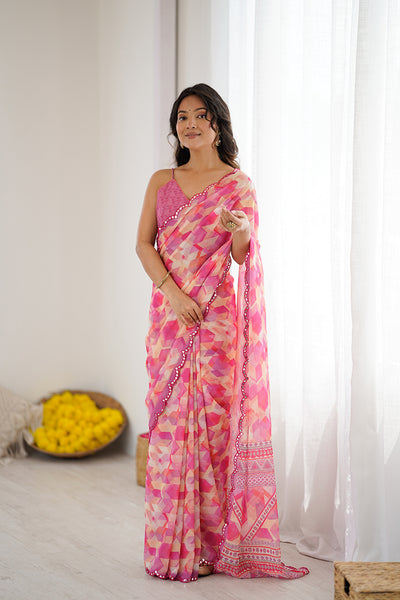 Pink Printed Mirror Work Georgette Saree