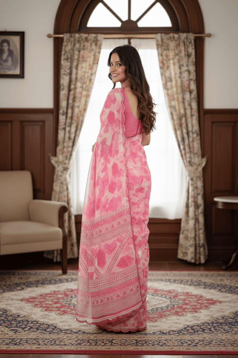 Pink Printed Mirror Work Georgette Saree