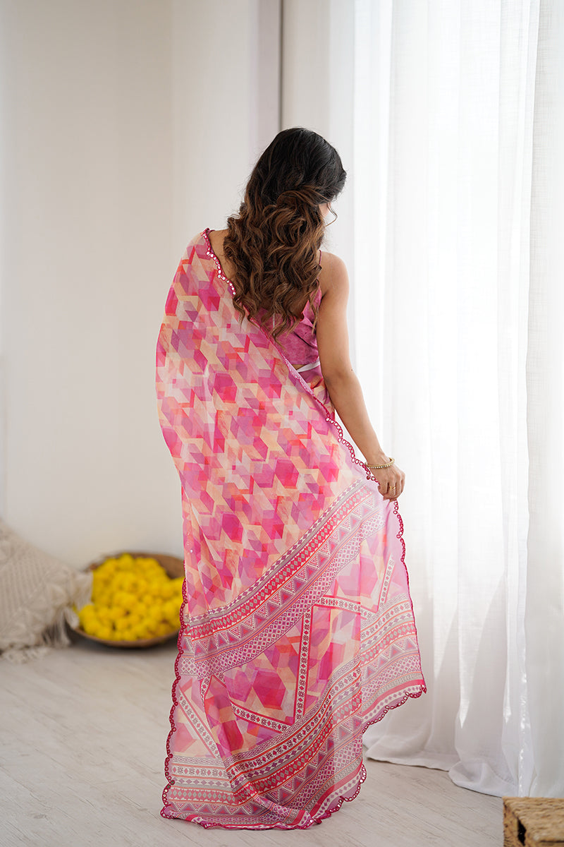 Pink Printed Mirror Work Georgette Saree