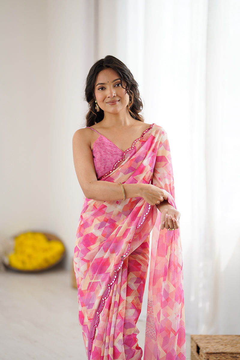 Pink Printed Mirror Work Georgette Saree