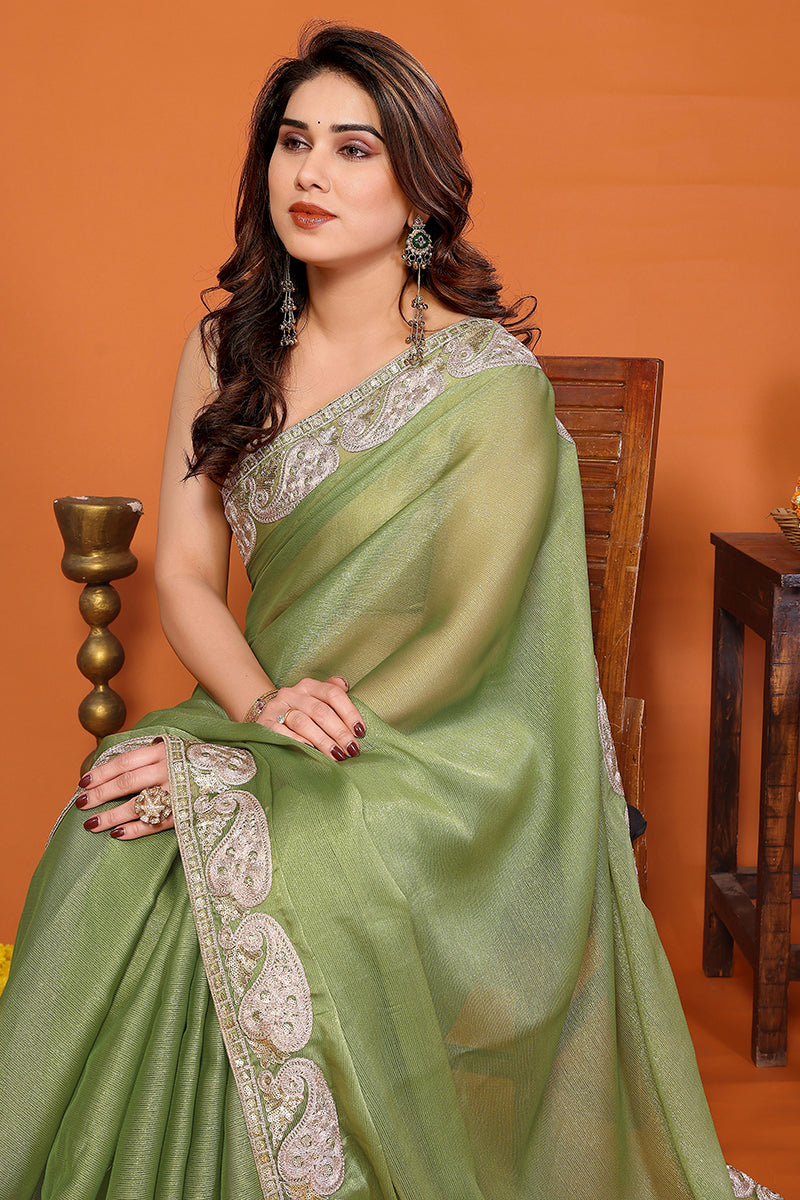 Pista Chiffon Embroidered Saree