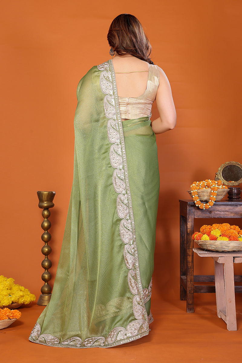 Pista Chiffon Embroidered Saree