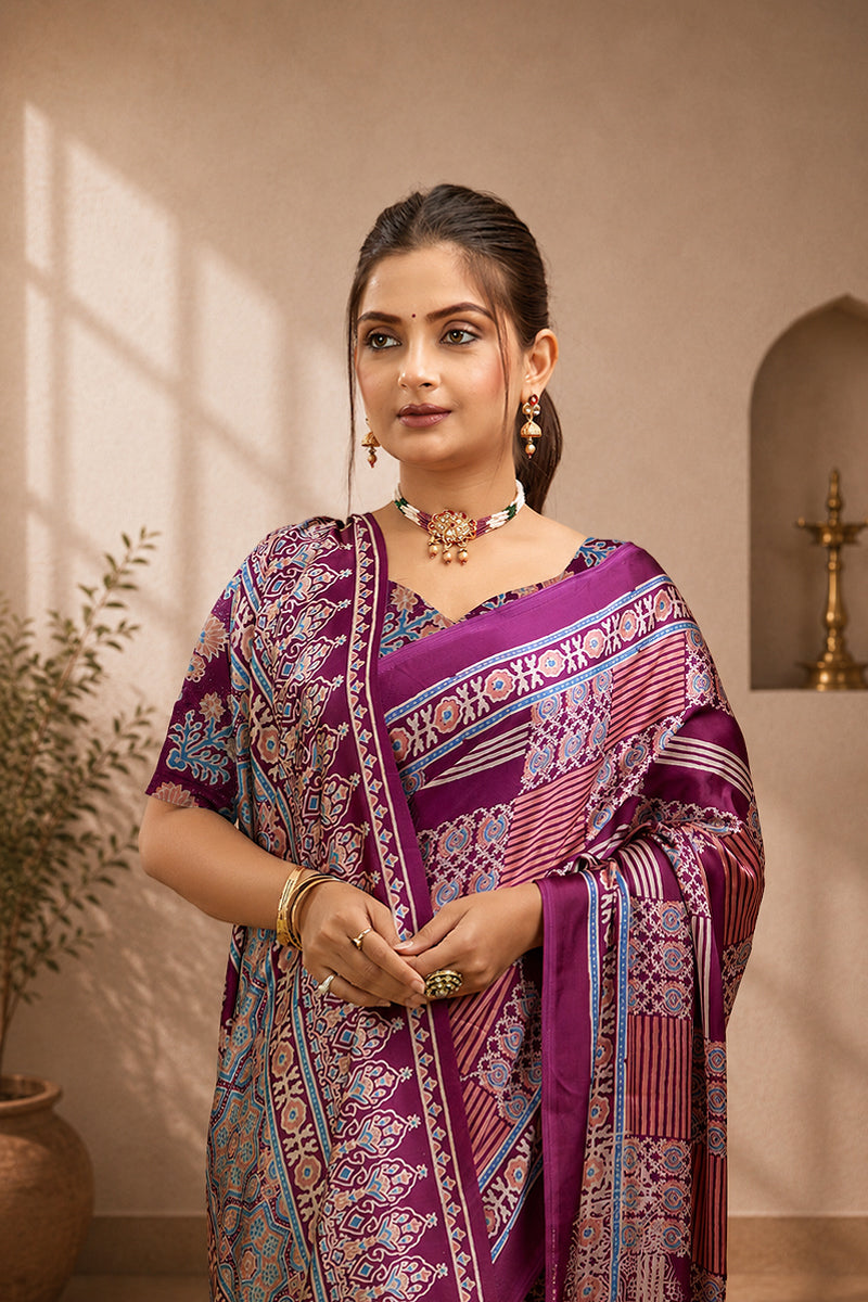 Purple Ajrakh Semi Gaji Silk Saree