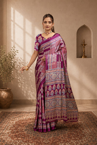Purple Ajrakh Semi Gaji Silk Saree