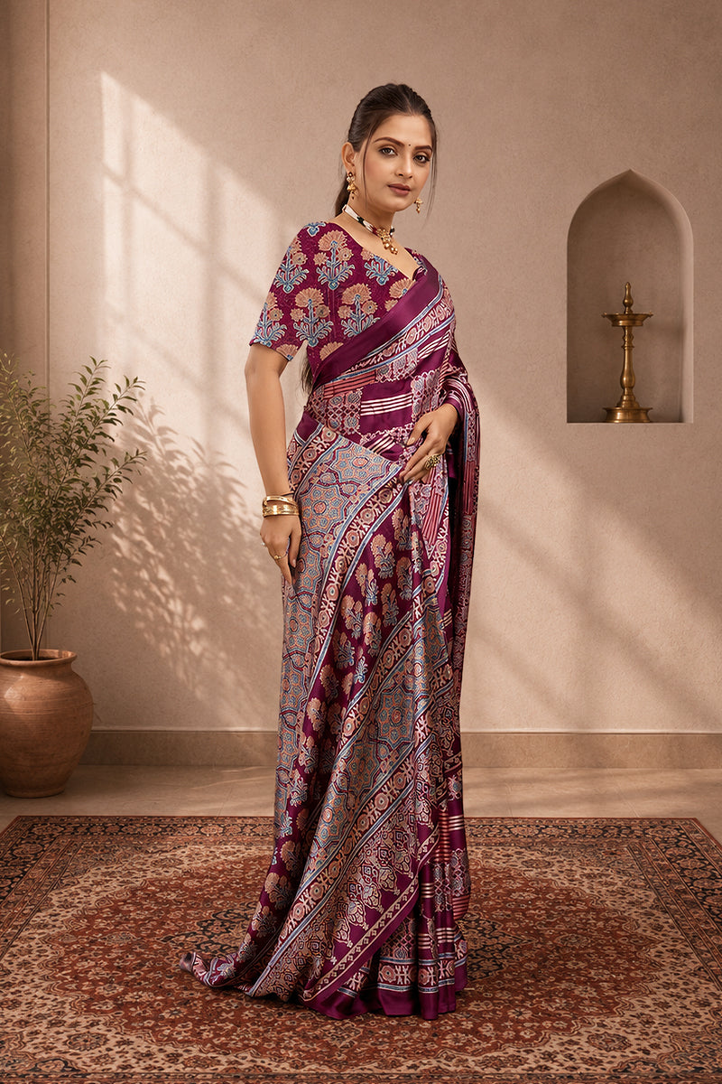 Purple Ajrakh Semi Gaji Silk Saree