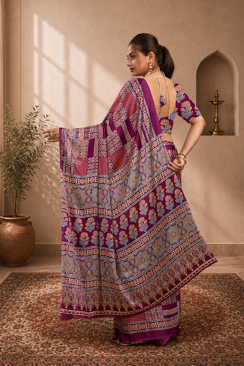 Purple Ajrakh Semi Gaji Silk Saree