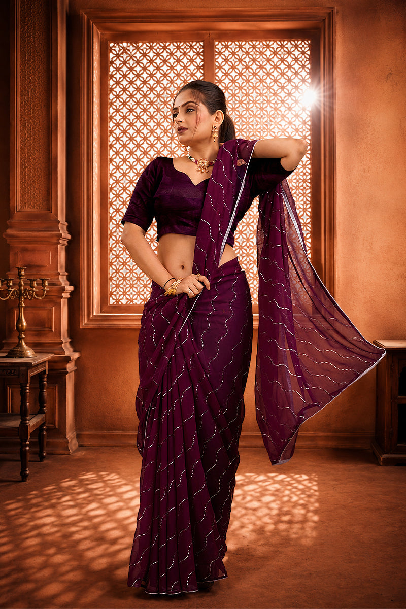 Purple Beaded Swarovski Georgette Fancy Saree
