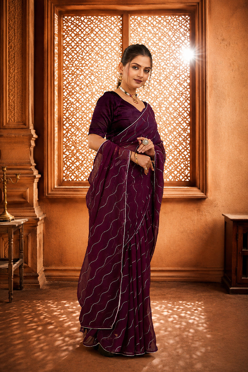 Purple Beaded Swarovski Georgette Fancy Saree