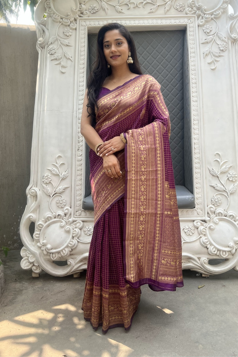 Purple Checkered Silk Blend Saree