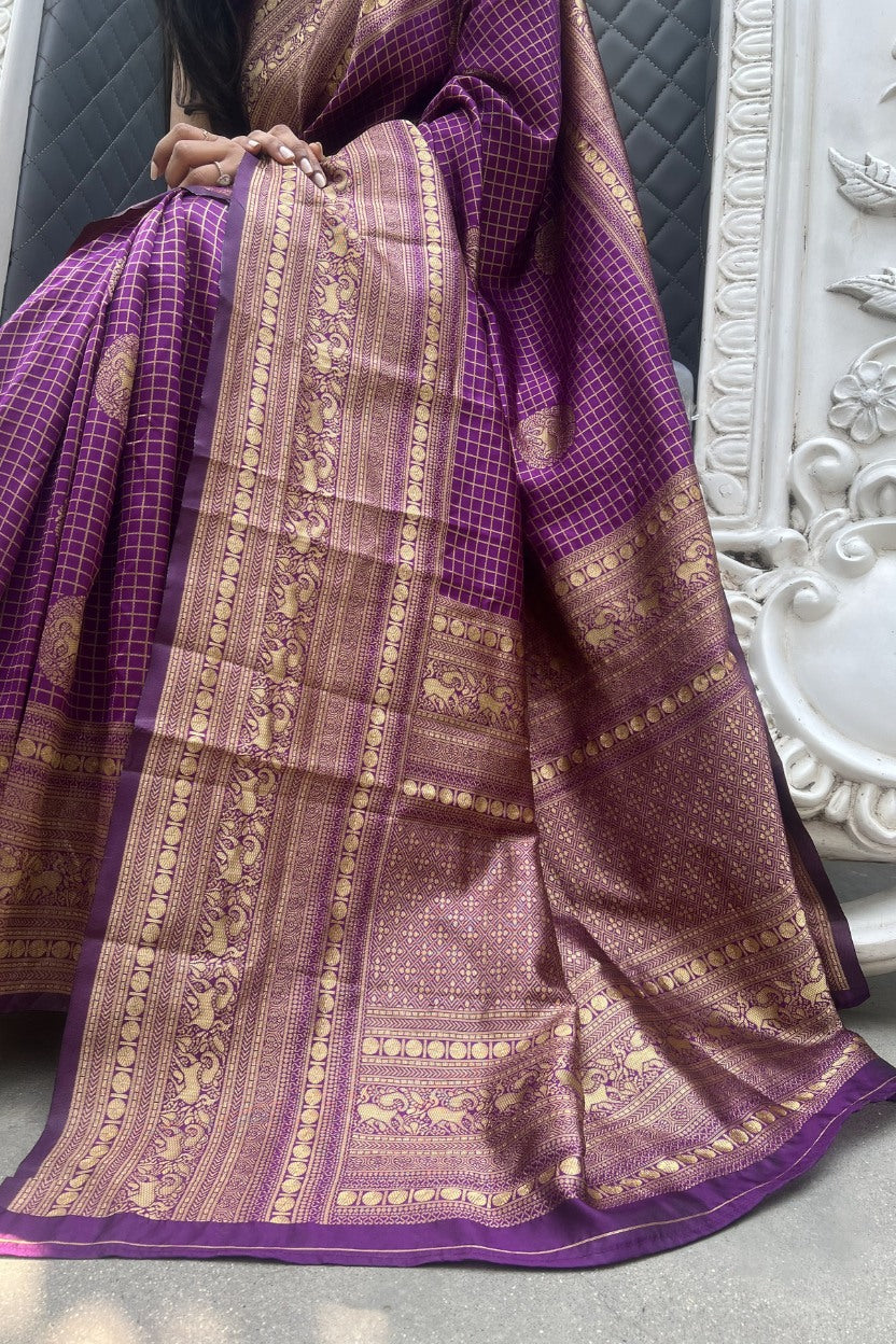 Purple Checkered Silk Blend Saree