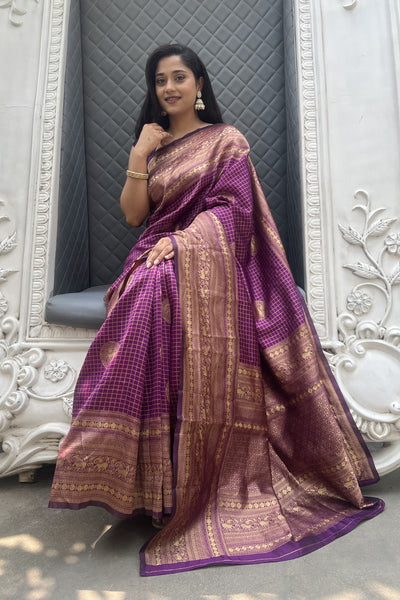 Purple Checkered Silk Blend Saree