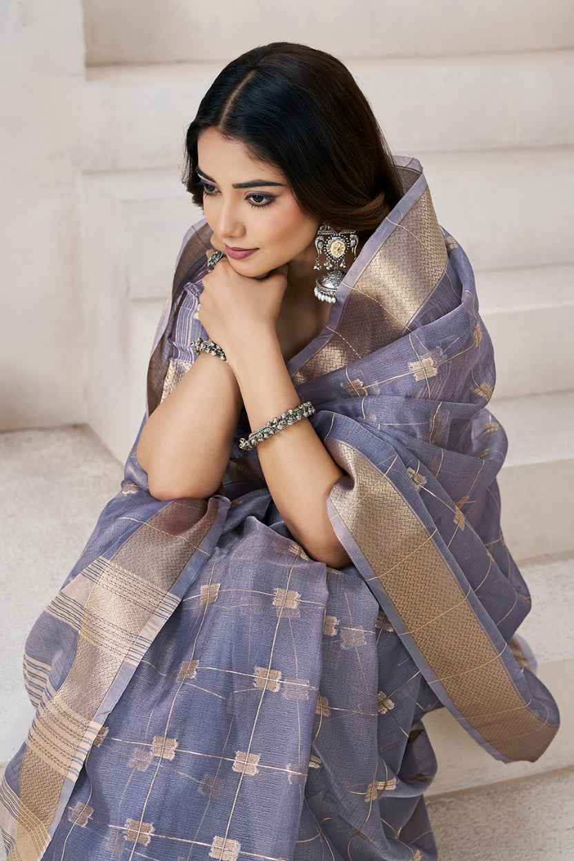 Purple Cotton Linen Zari Silk Weaving Saree