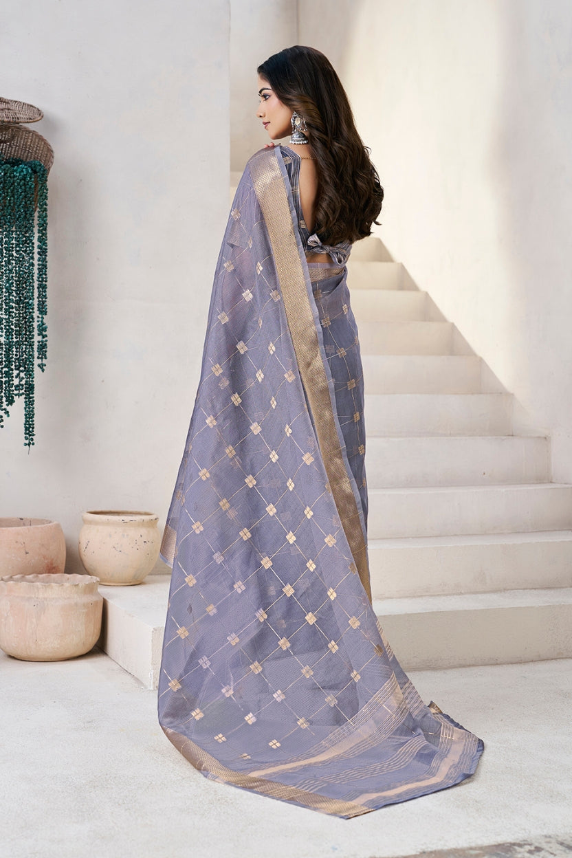 Purple Cotton Linen Zari Silk Weaving Saree