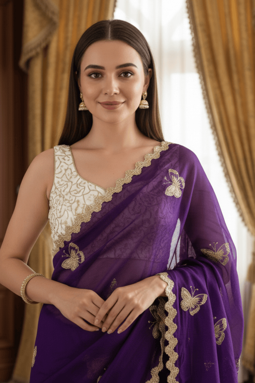 Purple Crunchy Silk Embroidery Saree