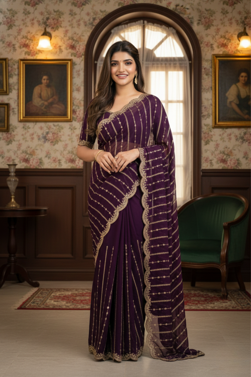 Purple Fendi Satin Embroidery Saree