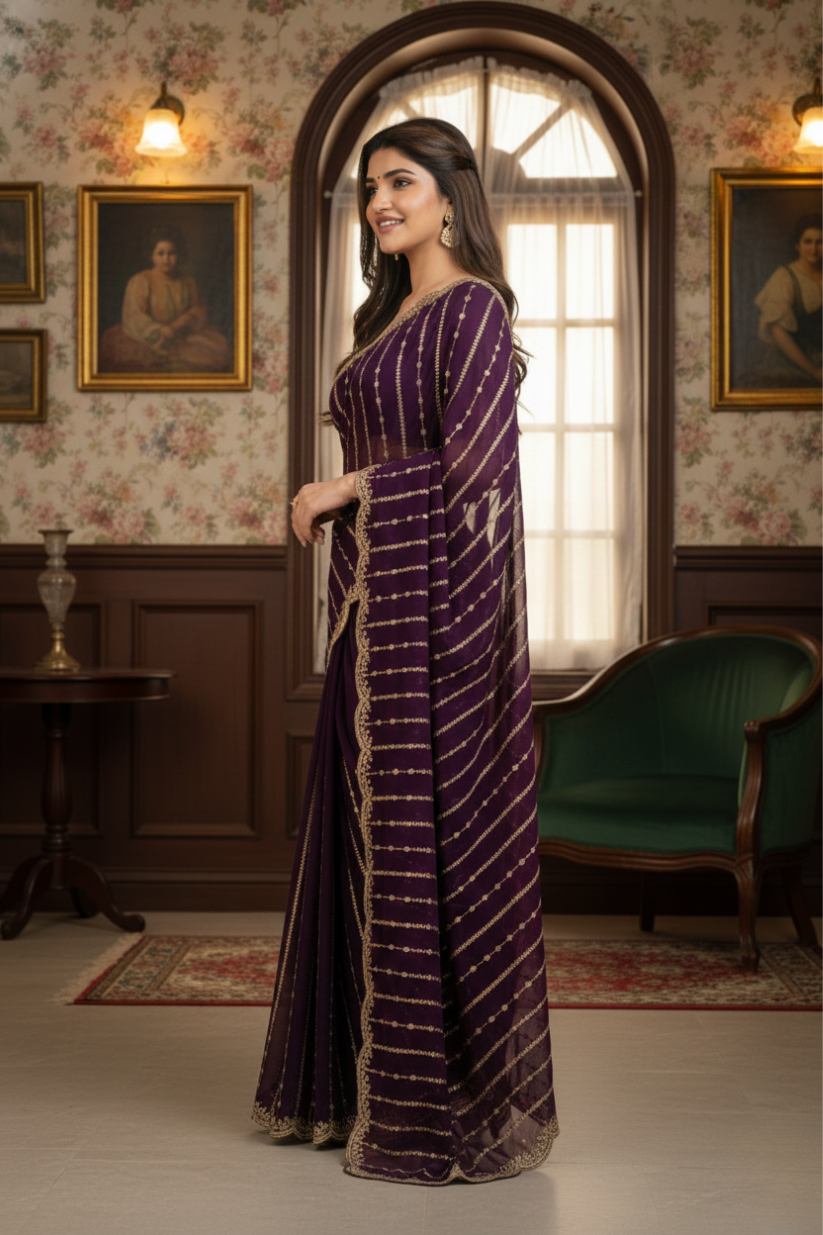 Purple Fendi Satin Embroidery Saree