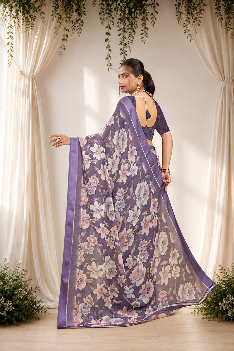 Purple Floral Print Bright Moss Satin Border Saree