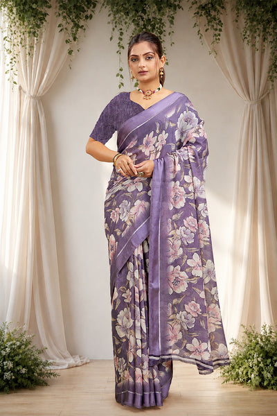 Purple Floral Print Bright Moss Satin Border Saree