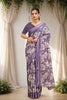 Purple Floral Print Bright Moss Satin Border Saree