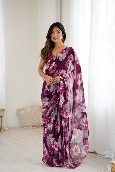 Purple Floral Printed Georgette Saree