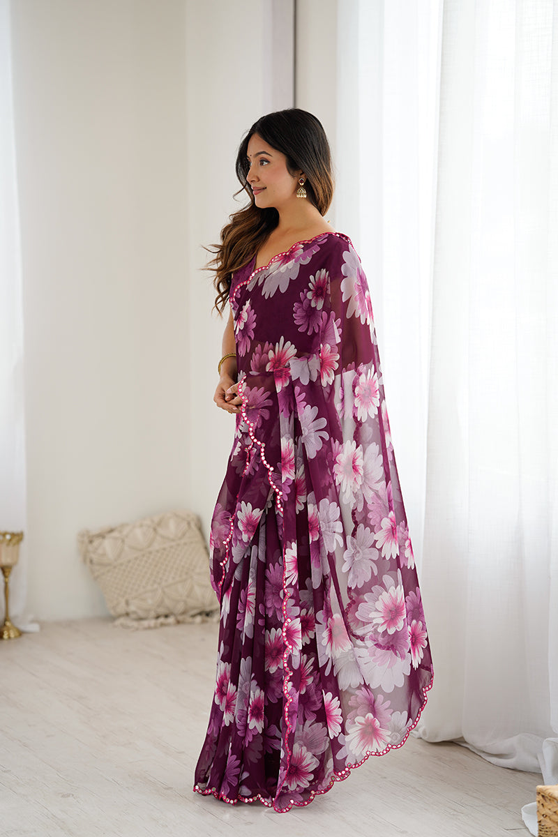 Purple Floral Printed Georgette Saree