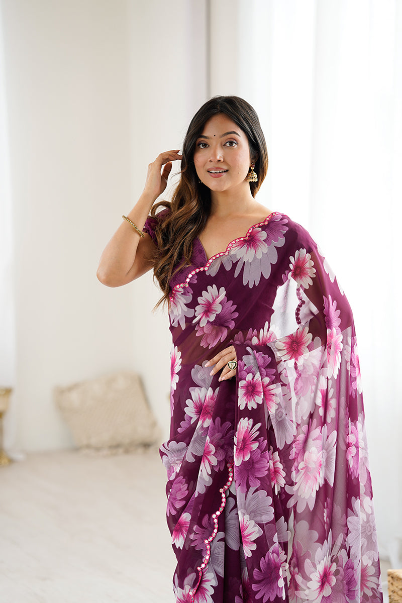 Purple Floral Printed Georgette Saree