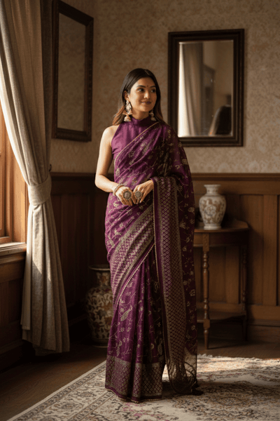 Purple  Foil Printed Georgette Saree