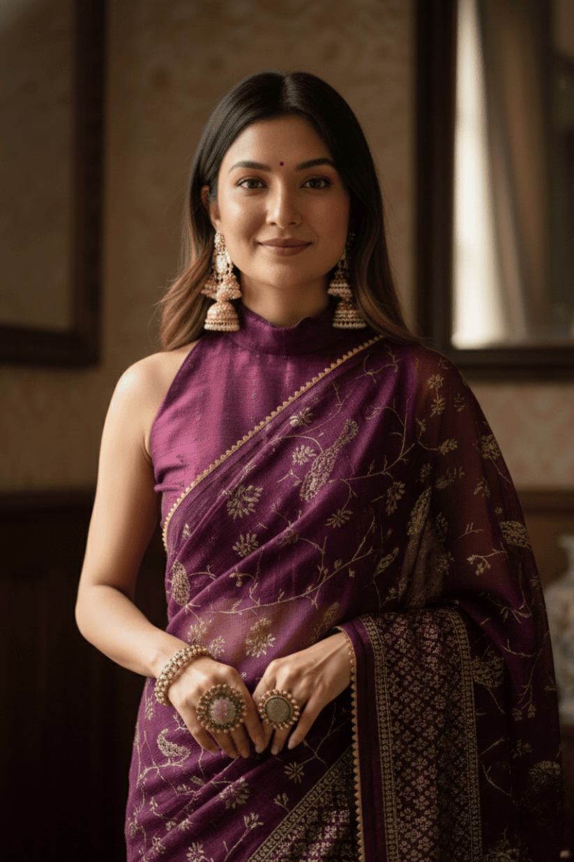 Purple  Foil Printed Georgette Saree