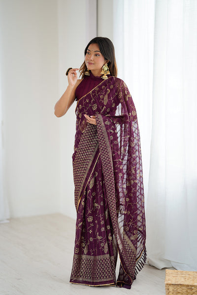 Purple  Foil Printed Gharchola Georgette Saree