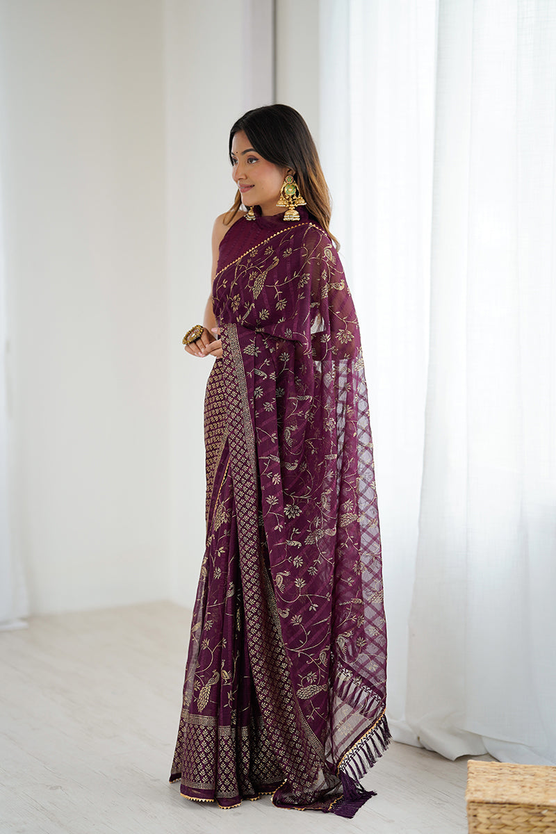 Purple  Foil Printed Gharchola Georgette Saree