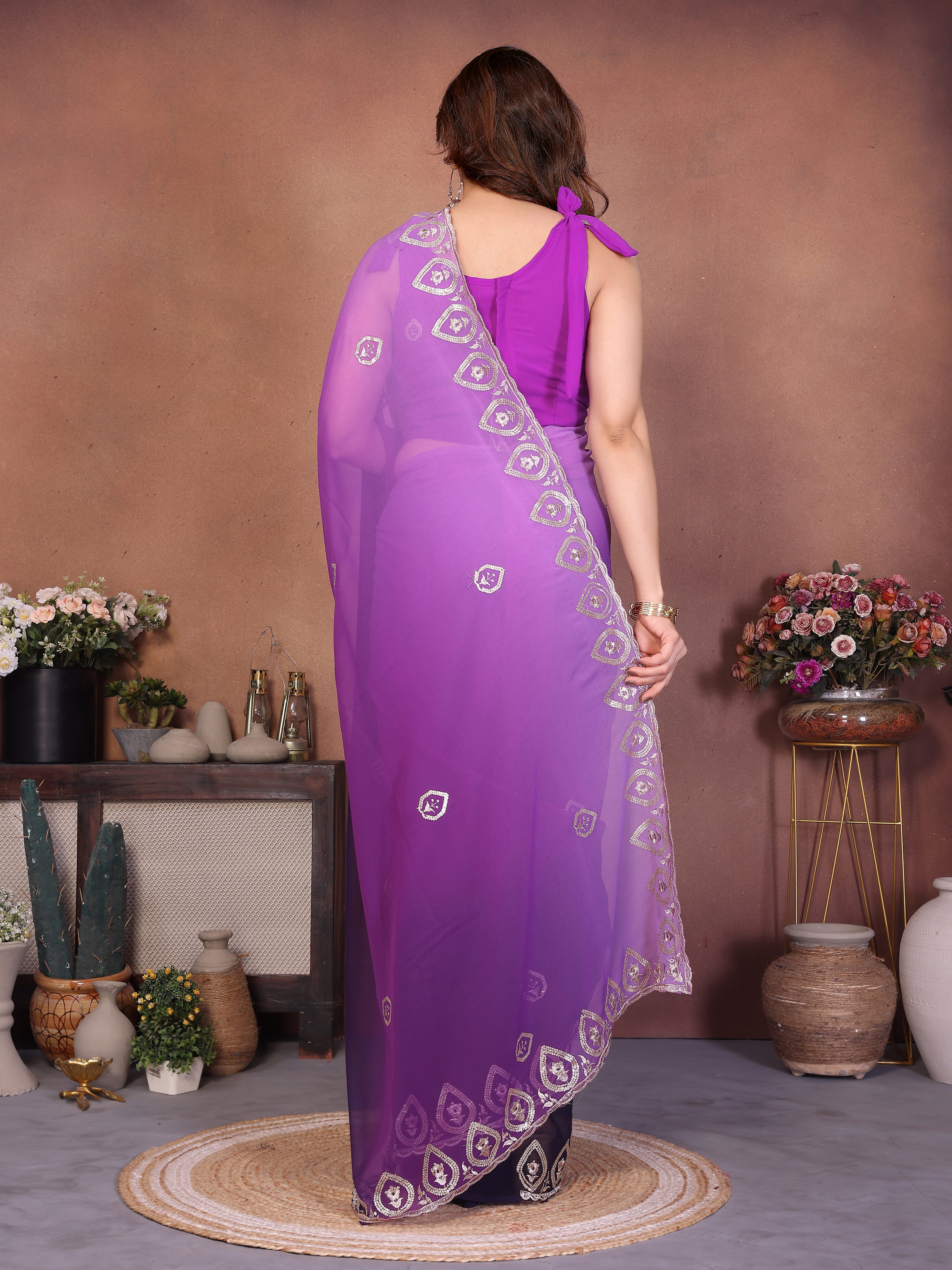 Purple Georgette Embroidered Saree